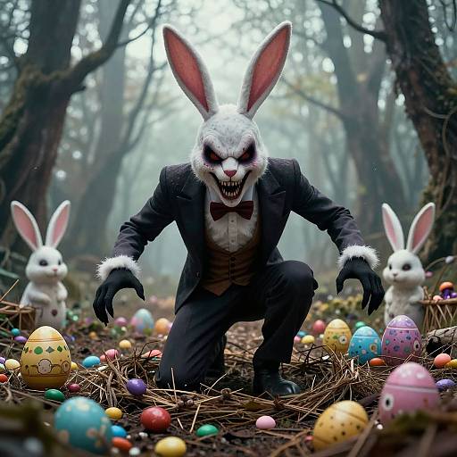 Photograph of a menacing white rabbit in a black suit crouching in a foggy forest, surrounded by colorful Easter eggs and smaller white rabbits.
