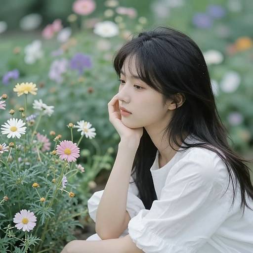 Photograph of an Asian woman with long black hair, wearing a white shirt, sitting among colorful daisies in a vibrant garden.