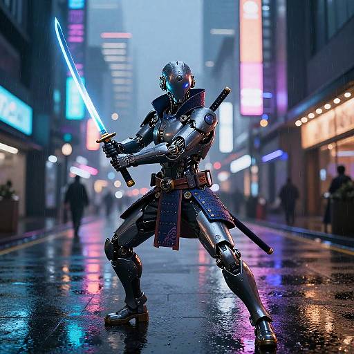 Futuristic Cybernetic Samurai in Neon City