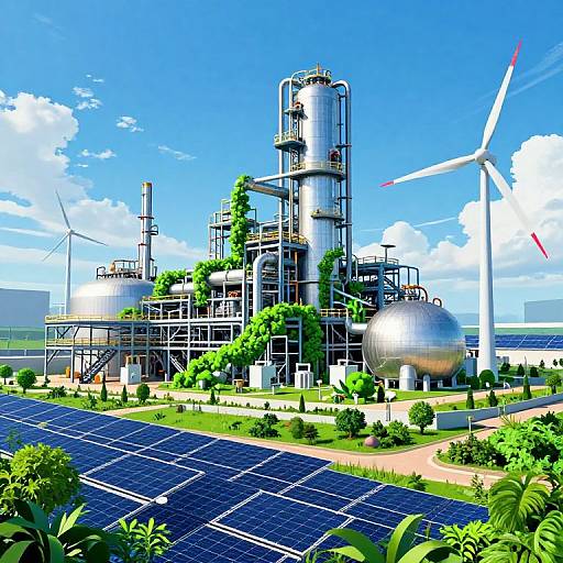 Digital illustration of a futuristic solar-powered chemical plant with wind turbine, solar panels, and greenery, under a bright blue sky.