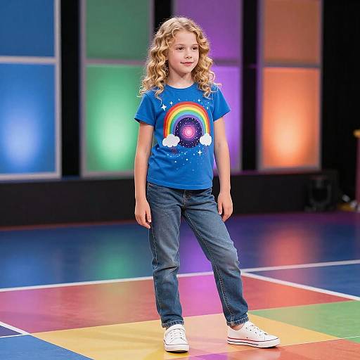 Young Girl Standing on Colorful Dance Floor