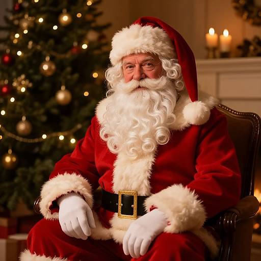Photograph of Santa Claus with a white beard and red suit, sitting in a warmly lit room with a decorated Christmas tree and candles in the background.