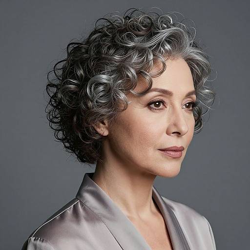 Photograph of a Caucasian woman with short, curly gray hair, light skin, and subtle makeup, wearing a shiny silver blouse, against a gray background