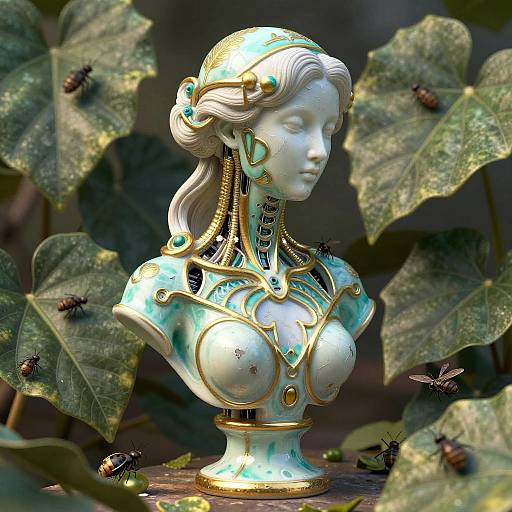 Photograph of an ornate, turquoise and gold porcelain bust with intricate jewelry, surrounded by large green leaves and black insects.