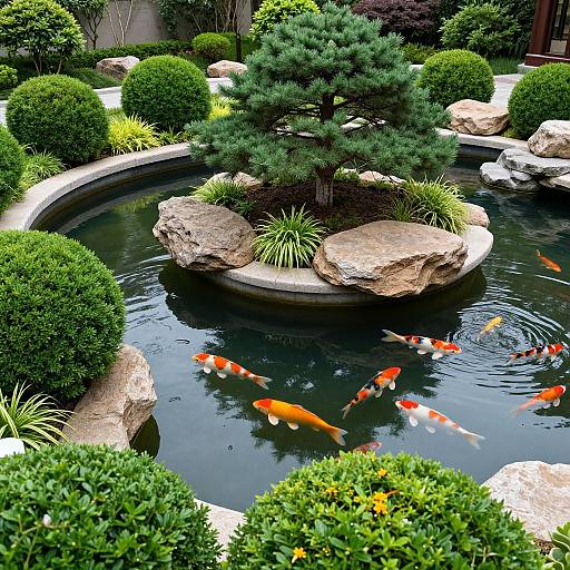 Photograph of a vibrant Japanese garden with colorful koi fish swimming in a round pond, surrounded by lush greenery, rocks, and a small pine