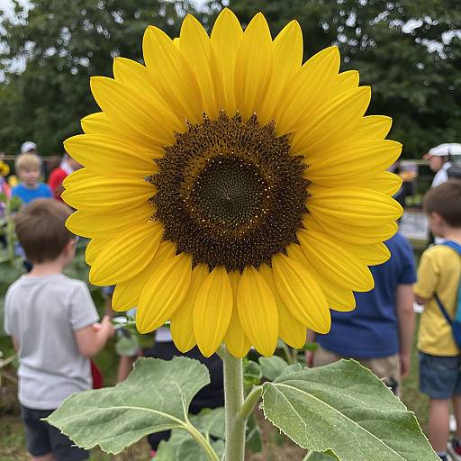 Photograph of a vibrant yellow sunflower with a dark brown center, surrounded by blurred children and adults in a garden.