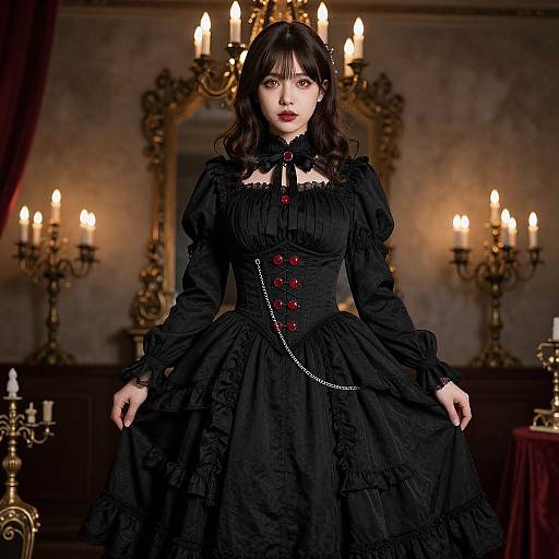 Gothic-style photograph of a pale-skinned woman with dark brown hair, wearing a black, ruffled Victorian dress with red buttons, standing in