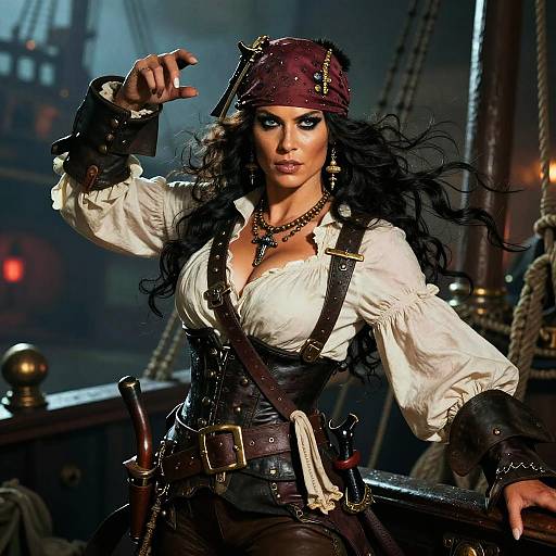 Photograph of a fierce, voluptuous pirate woman with long black hair, white blouse, brown corset, and maroon bandana, holding a