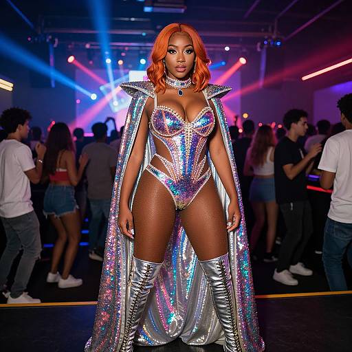 Photograph of a confident Black woman with orange hair in a sparkling silver, high-cut bodysuit, cape, and thigh-high boots, standing in