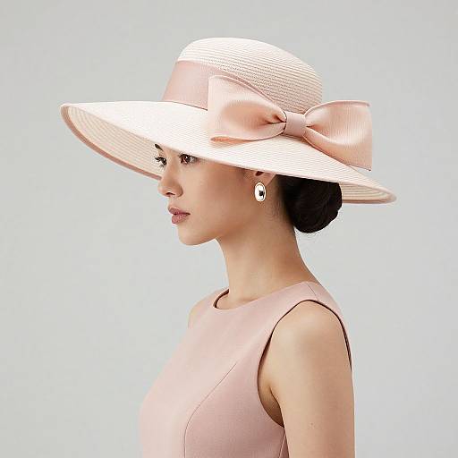 Photograph of a fair-skinned woman in profile, wearing a large, pale pink, wide-brimmed hat with a bow, matching sleeveless