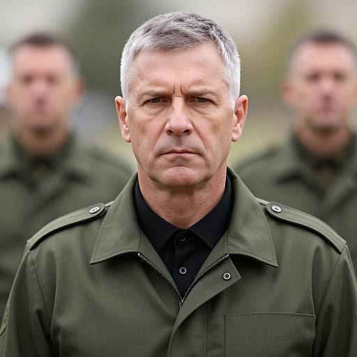 Photograph of a serious middle-aged man with gray hair, wearing a dark green military-style uniform, blurred background of two similarly dressed men.