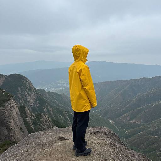 Photograph of a person in a yellow hooded jacket standing on a mountain peak, facing a misty, mountainous landscape.