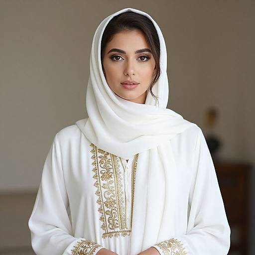 Woman in White Dress with Headscarf