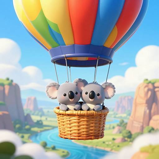 Digital illustration of two adorable, cartoon-style koalas in a wicker basket, floating in a colorful hot air balloon over a scenic, mountainous
