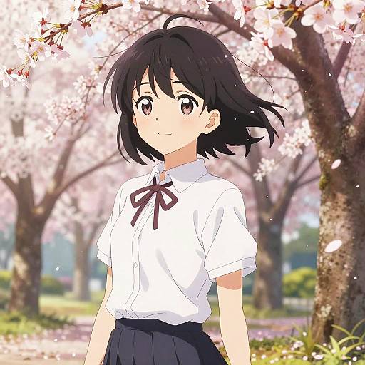 Anime-style drawing of a young girl with short black hair, wearing a white shirt with a purple ribbon and black skirt, standing in a cherry blossom-filled