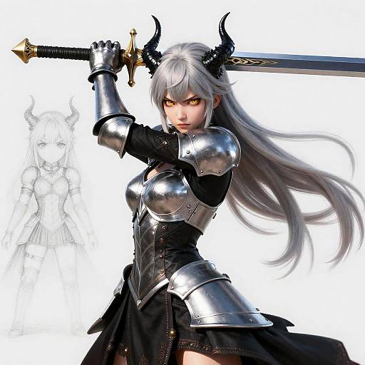 Epic Kawaii Warrior with Silver Sword
