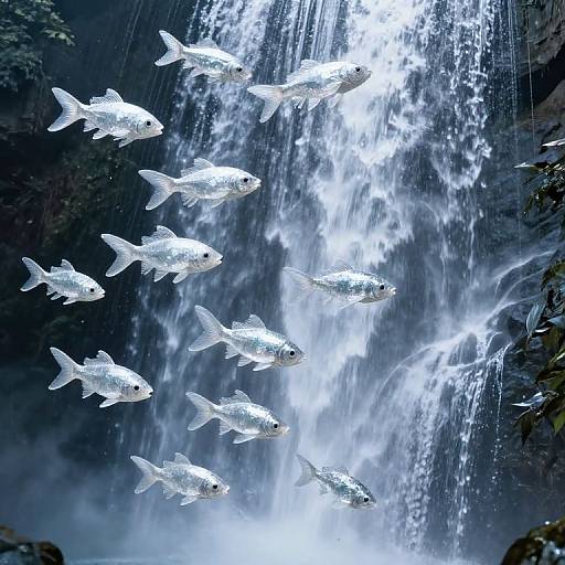 Photograph of nine glowing white fish swimming upstream in a cascading waterfall, illuminated by the water's bright, shimmering light.