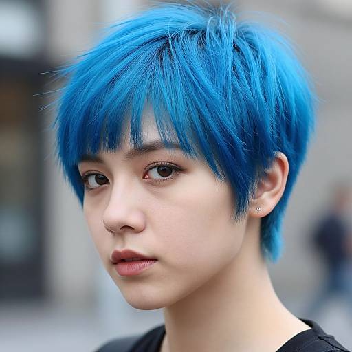 Photograph of an Asian person with striking blue short hair, light skin, and neutral expression, wearing a black top, against a blurred urban background.