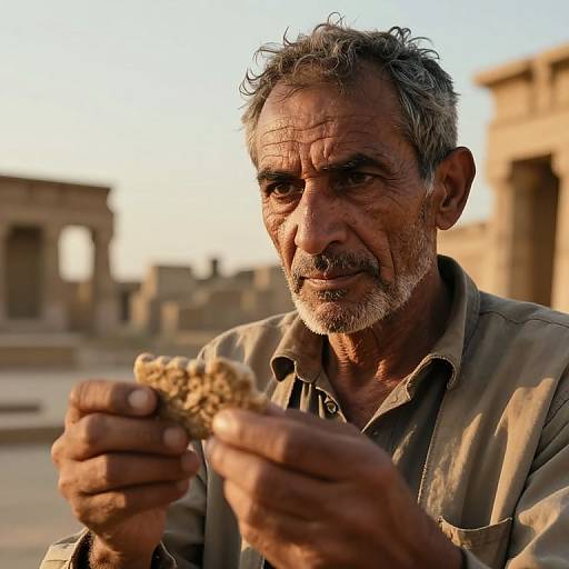 Photograph of an elderly, weathered man with gray hair and beard, wearing a beige shirt, eating a sandwich in a sunlit, ancient ruin