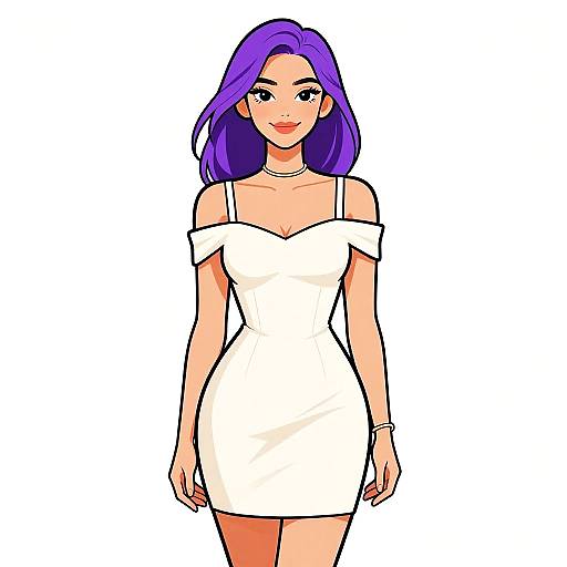 Digital anime-style drawing of a confident woman with vibrant purple hair, wearing an off-shoulder white dress, white necklace, and bracelet, against a