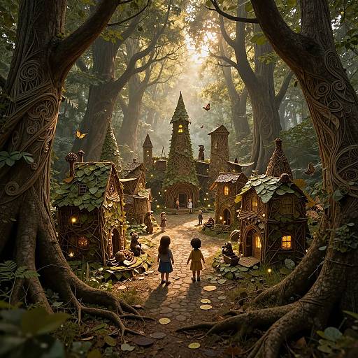 Photorealistic digital artwork of a whimsical fairy village nestled in a sunlit forest. Children with backlit silhouettes explore fairy houses with glowing