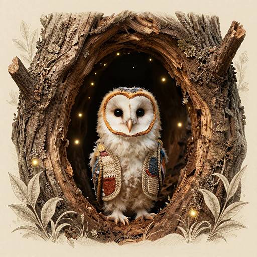 Curious Barn Owl Chick in Patchwork Vest