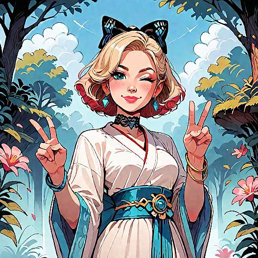 Anime Girl Winking with Peace Signs in Forest