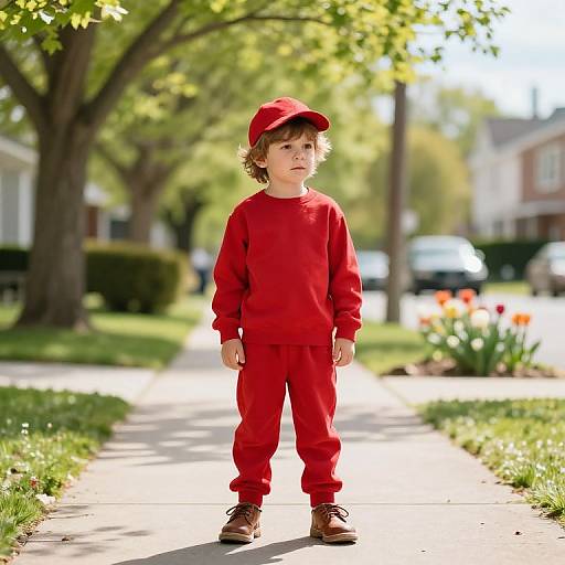 Young Boy in Bright Red Outfit