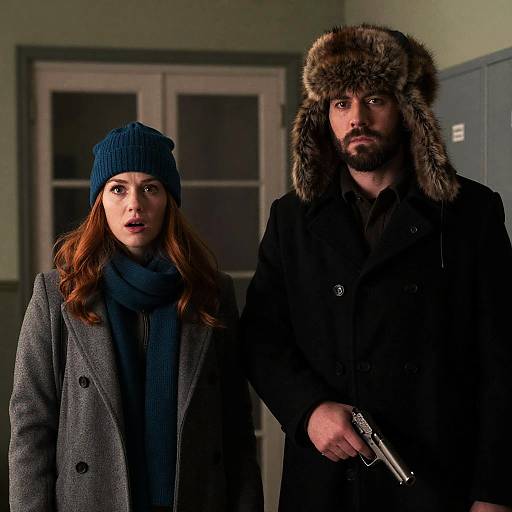 Serious Man with Gun and Surprised Woman in Winter Clothing