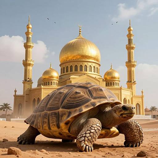Photograph of a large tortoise with textured, patterned shell in front of a golden-domed Islamic mosque with minarets under a blue sky