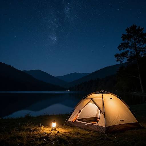 Photograph of a glowing yellow camping tent by a serene lake at night, with a starry sky and mountain silhouette in the background. A small camp