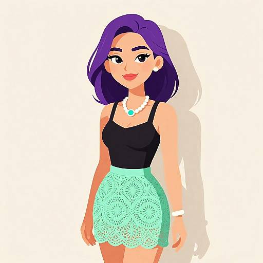 Digital illustration of a smiling woman with purple hair, wearing a black tank top and mint green lace skirt, with white necklace and bracelet, standing against a