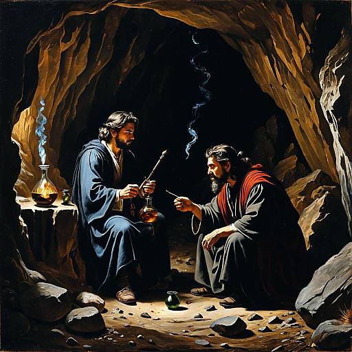 Mysterious Sorcerer and Brave Warrior in Mountain Cave