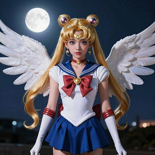 Digital artwork of a blonde anime-style Sailor Moon with white wings, blue sailor outfit, red bow, and moonlit night background.
