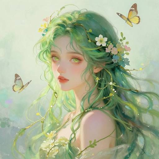 Digital painting of a fair-skinned, green-haired fairy with flowers in her hair, surrounded by glowing butterflies, set against a luminous, ethereal
