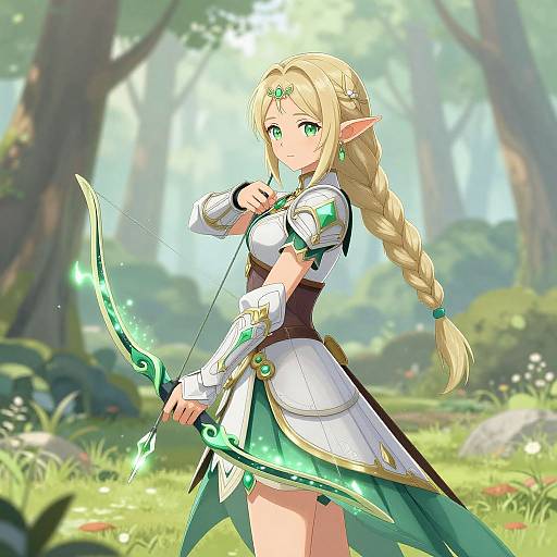 Digital anime-style drawing of a blonde elf archer with green eyes, long braid, white and green armor, holding a glowing bow in a sun