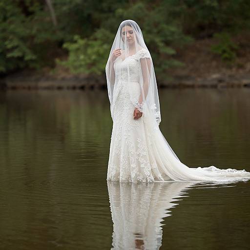 Photograph of a white, lace wedding dress bride with veil, standing in a calm, reflective lake, surrounded by lush greenery.
