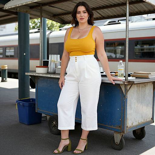 Photograph of a curvy woman with dark hair, wearing a yellow tank top, white high-waisted pants, and green sandals, standing at