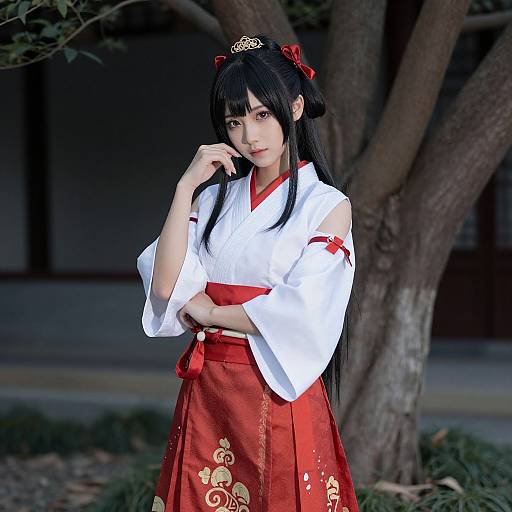 Photograph of an Asian woman with long black hair, wearing a white kimono top, red hakama with gold patterns, and a red ribbon hair