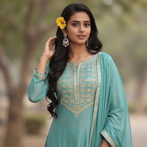 Photograph of a beautiful Indian woman with long black hair, wearing a teal embroidered kameez, yellow flower in hair, and intricate earrings, standing