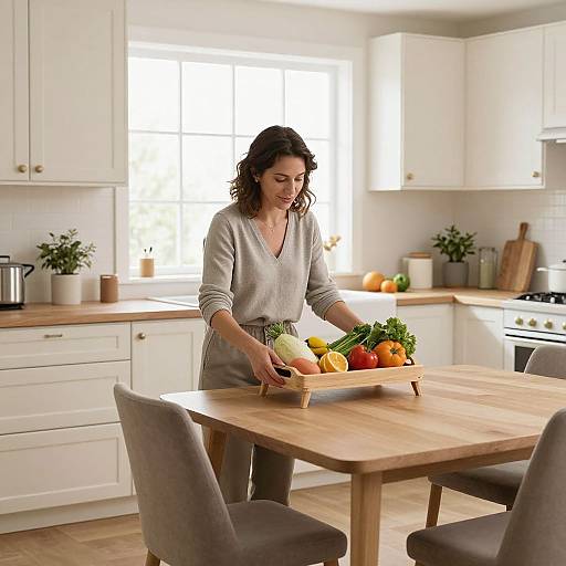 Photograph of a curly-haired woman in a light grey sweater, arranging fresh vegetables on a wooden kitchen table in a bright, modern, white kitchen.