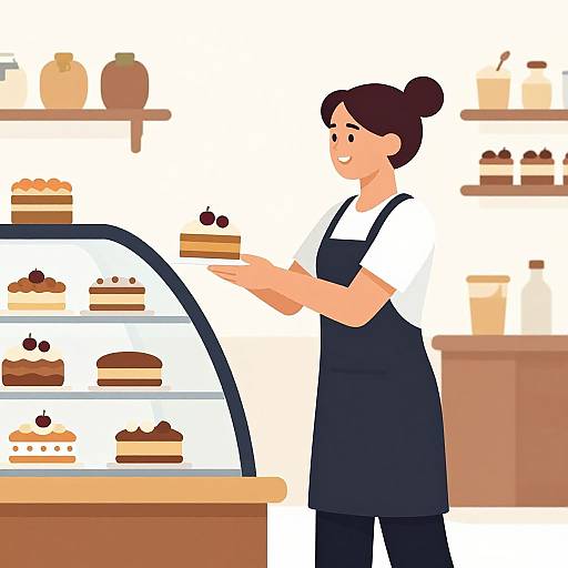 Cartoon-style illustration of a smiling woman with dark hair in a bun, wearing a black apron over a white shirt, presenting a slice of cake