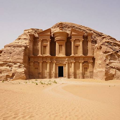 Photograph of an ancient, sandstone temple with Corinthian columns, set against a rocky, desert backdrop under a clear, blue sky.