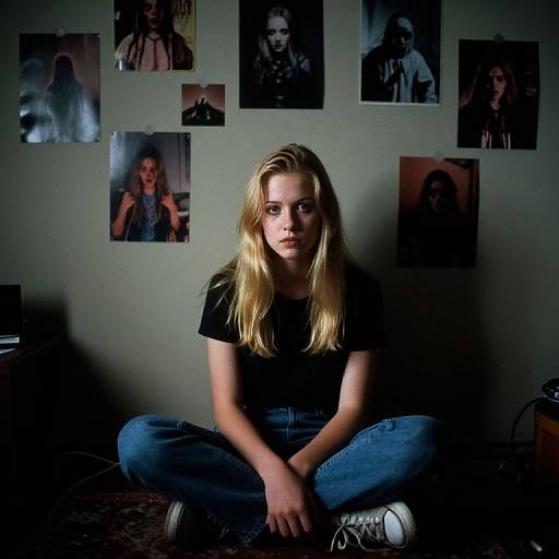 Photograph of a blonde woman with fair skin, sitting cross-legged on the floor, wearing a black t-shirt and blue jeans, in a dimly