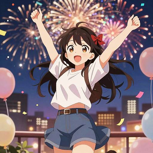Anime-style illustration of a girl with long black hair, red bow, white shirt, and blue shorts, joyfully jumping with arms raised against a night