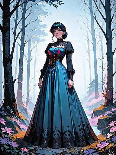 Dark Fantasy Woman in Medieval Dress in Foggy Forest