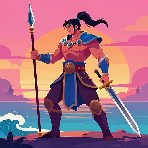 Muscular warrior with ponytail, blue cape, and armor, holding spear and sword, stands on shore at sunset with vibrant pink and orange sky.