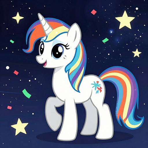 Bright digital illustration of a white unicorn with a rainbow mane and tail, large black eyes, and a rainbow star cutie mark, standing in a star