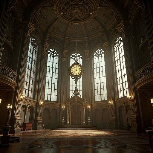 Photograph of a grand, dimly lit, Gothic-style hall with tall, ornate stained-glass windows, a large central clock, and intricate