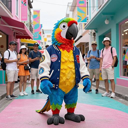 Vibrant Parrot Costume on Colorful Street